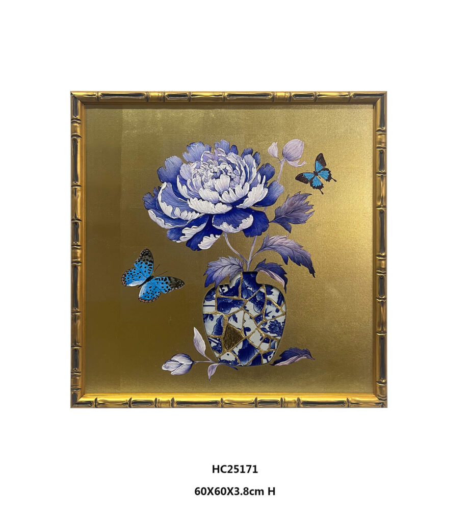 Peony porcelain shard mosaic wall art with round vase