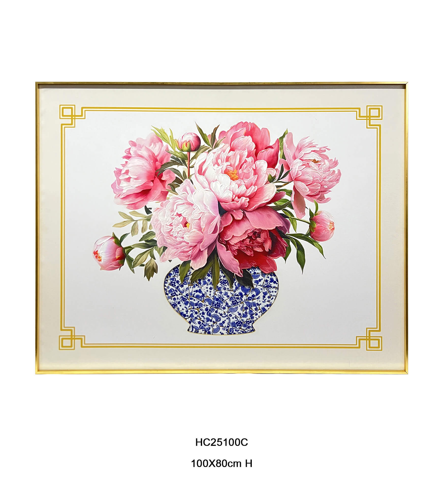 Peony shard mosaic porcelain wall art with a wide floral vase