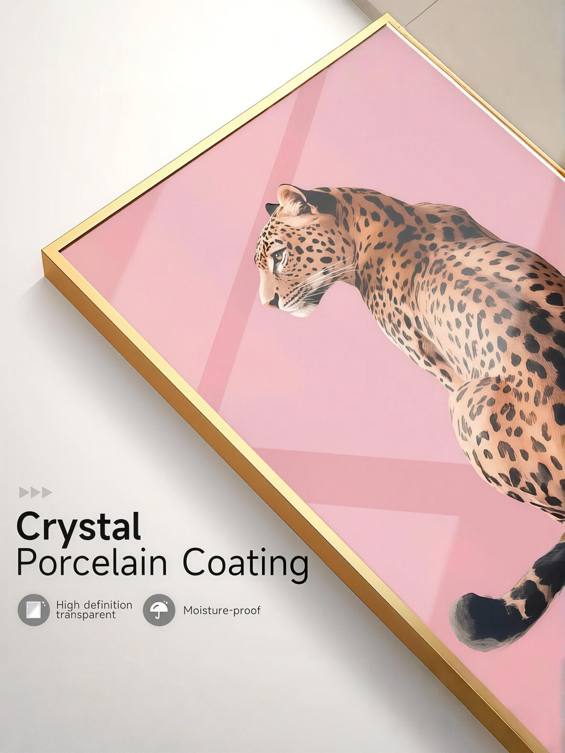 Glossy pink leopard canvas wall art close up