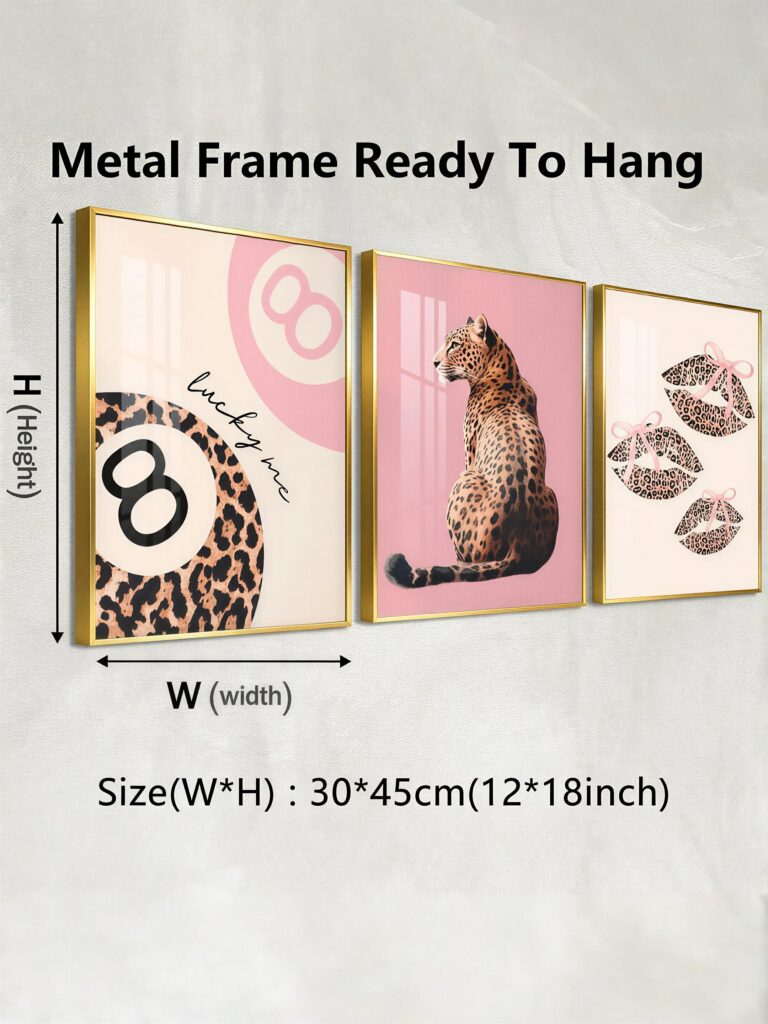 Pink leopard canvas wall art set with gold frames