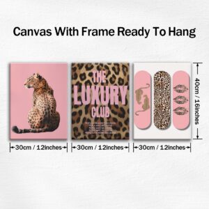 Three piece pink leopard canvas wall art set in 12 by 16 inches