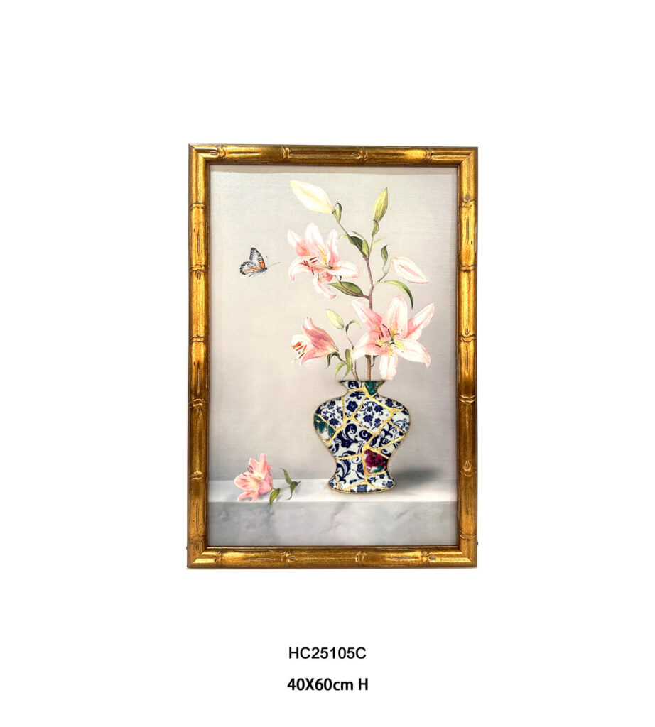 Pink lily wall art with a blue and white porcelain shard vase