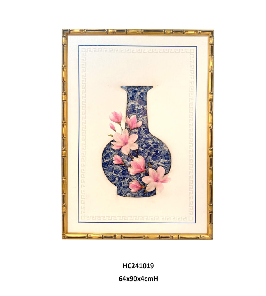 Floral porcelain wall art with pink magnolia and a blue and white mosaic vase