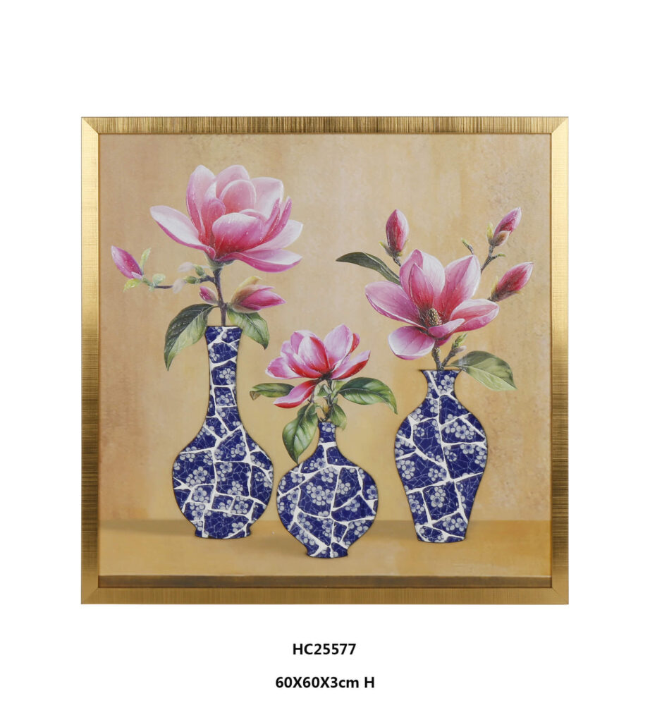 Pink magnolia porcelain wall art with blue and white mosaic vases