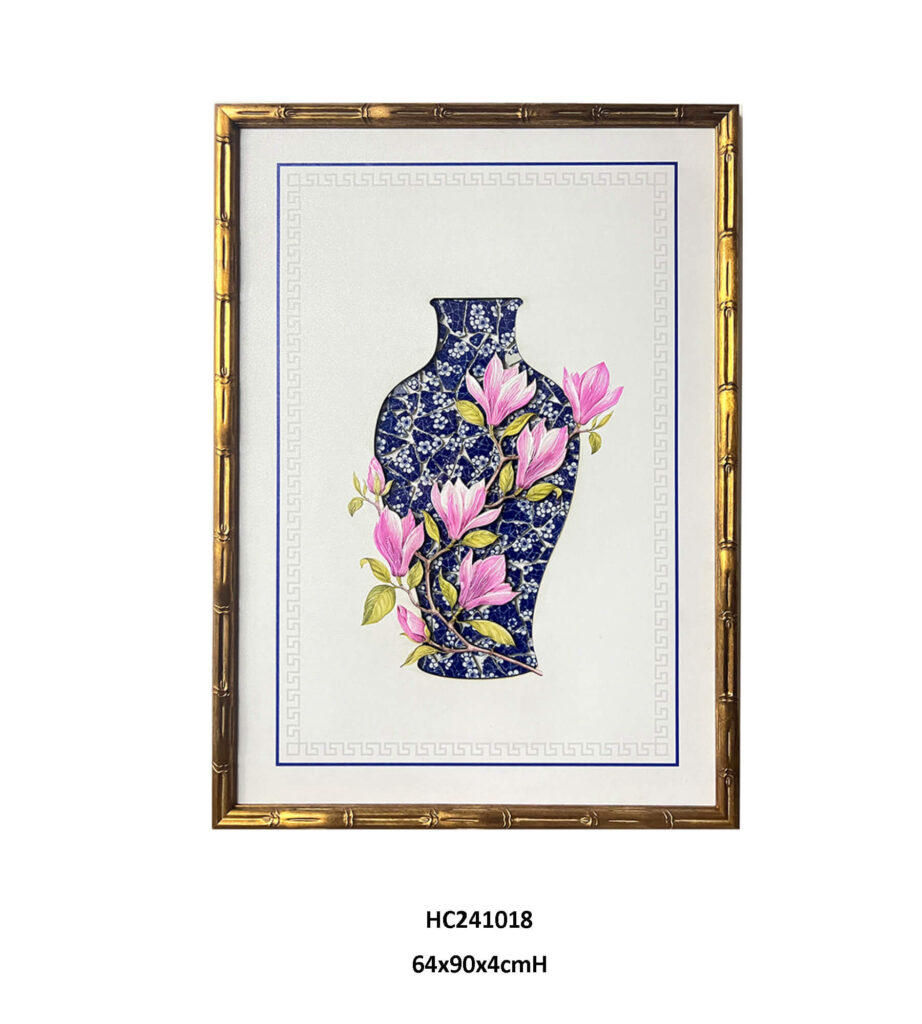 Magnolia porcelain wall art with pink blossoms and curved blue and white mosaic vase