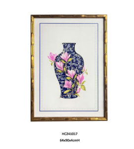 Magnolia porcelain wall art with pink blossoms and rounded blue and white mosaic vase