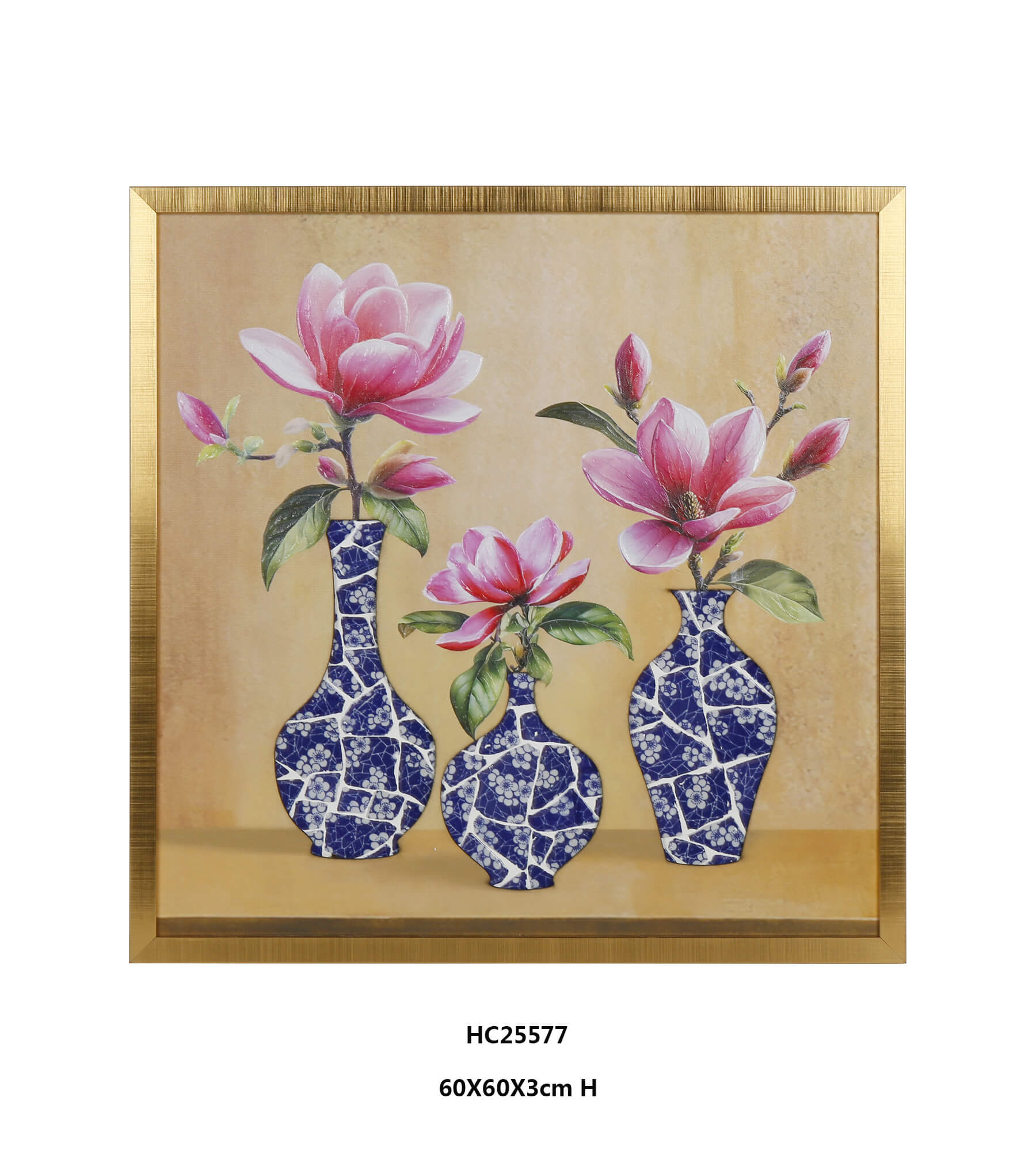 Pink magnolia porcelain wall art with blue and white mosaic vases