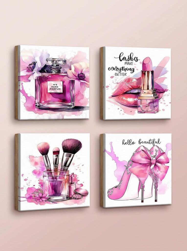 Pink makeup canvas wall art set