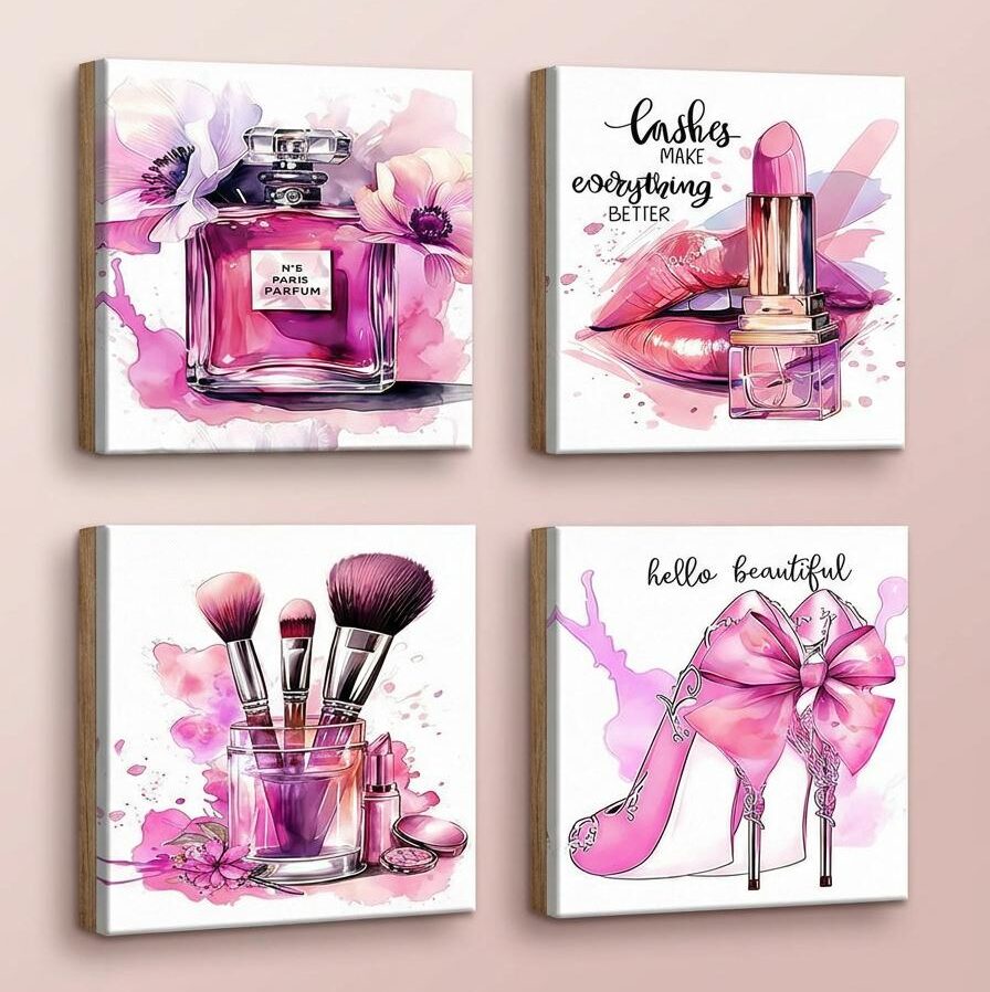 Retail Ready Pink Makeup Canvas Wall Art Sets in Four Panels