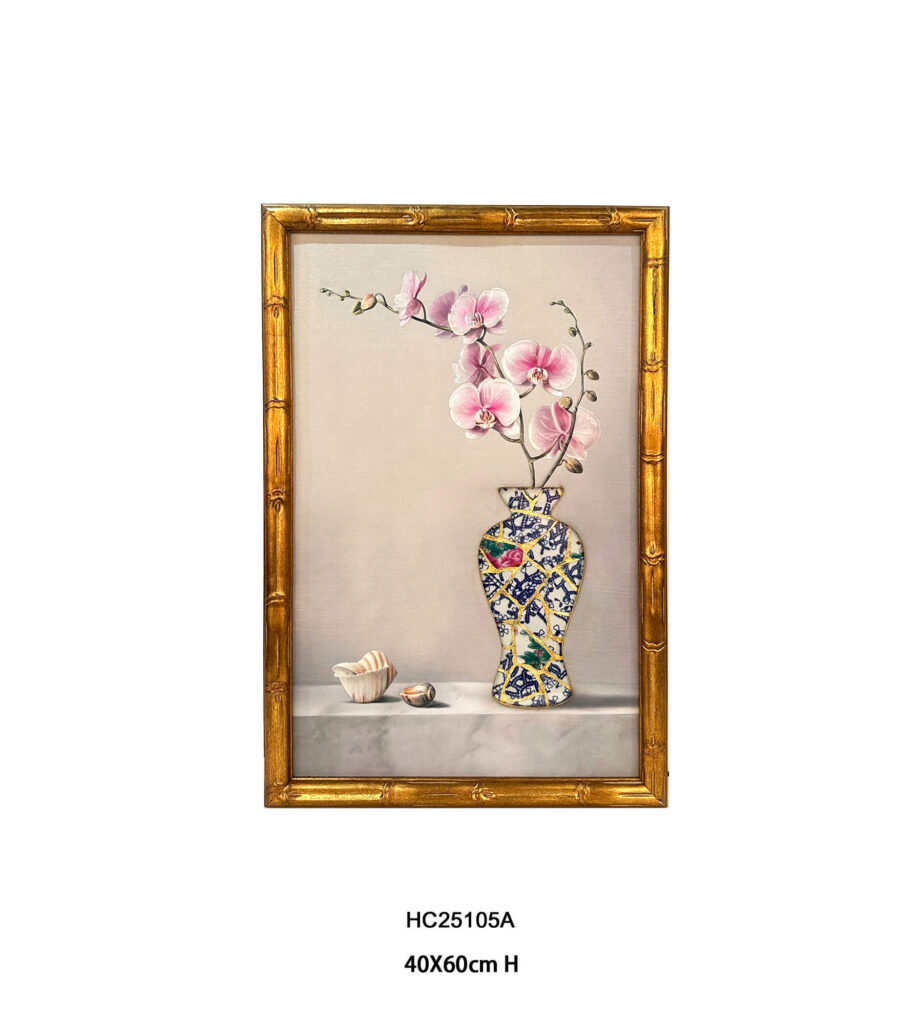 Pink orchid wall art with a blue and white porcelain shard vase