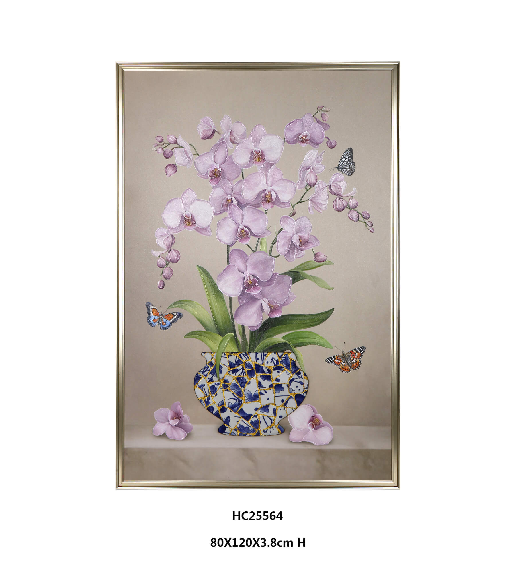 Pink orchids above a blue and white porcelain shard vase
