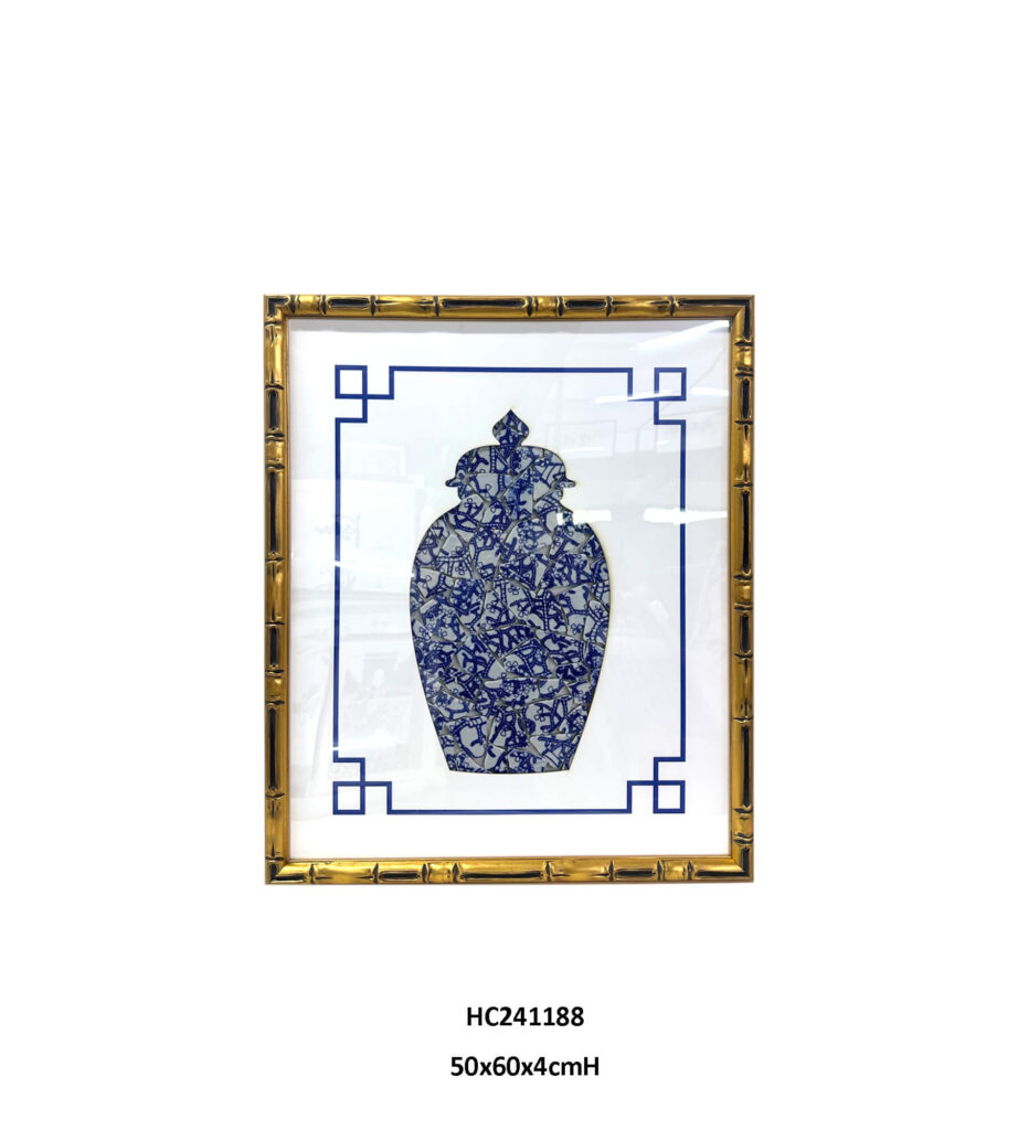 Ginger jar porcelain wall art with intricate blue and white shards