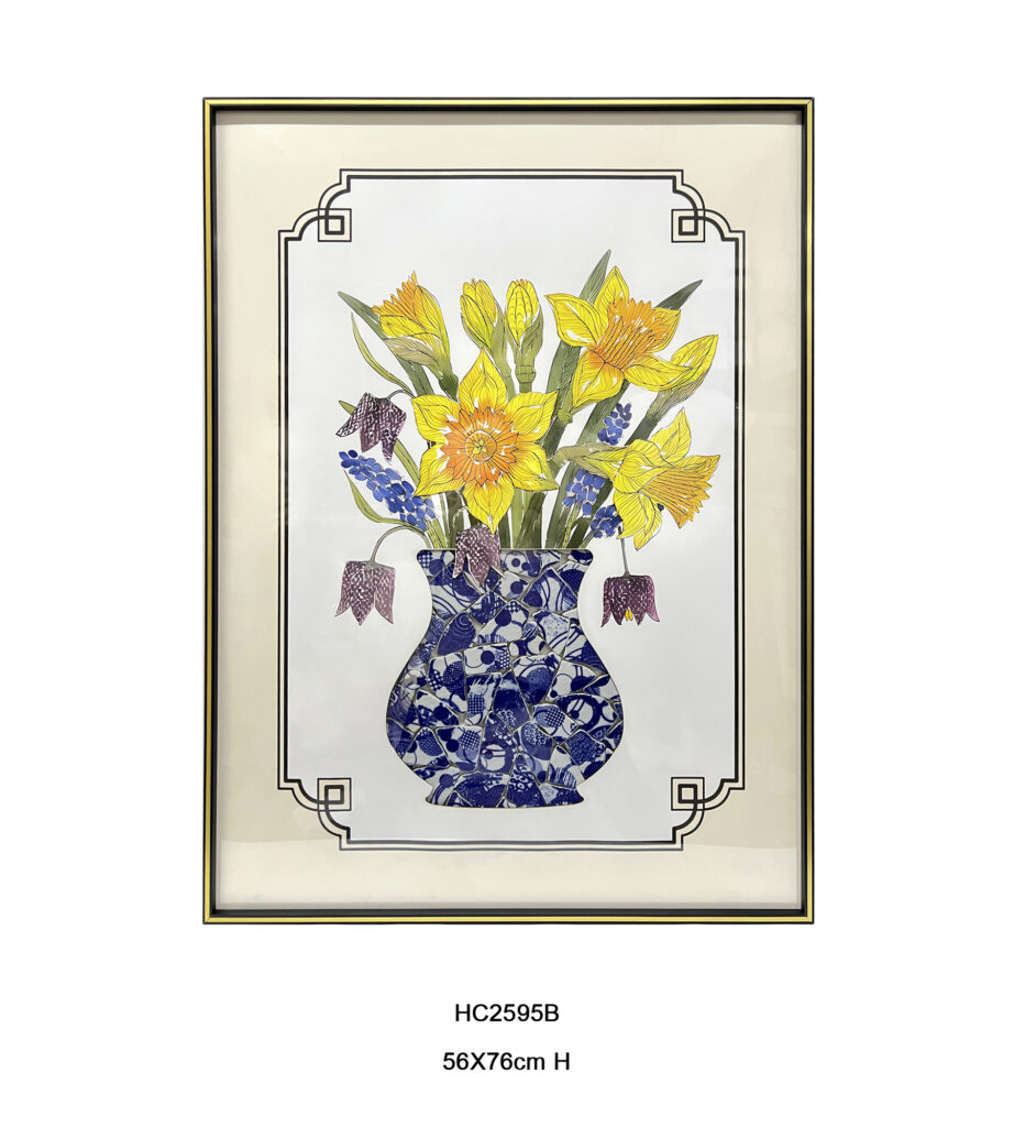 Porcelain shard mosaic wall art with yellow daffodils and pink tulips