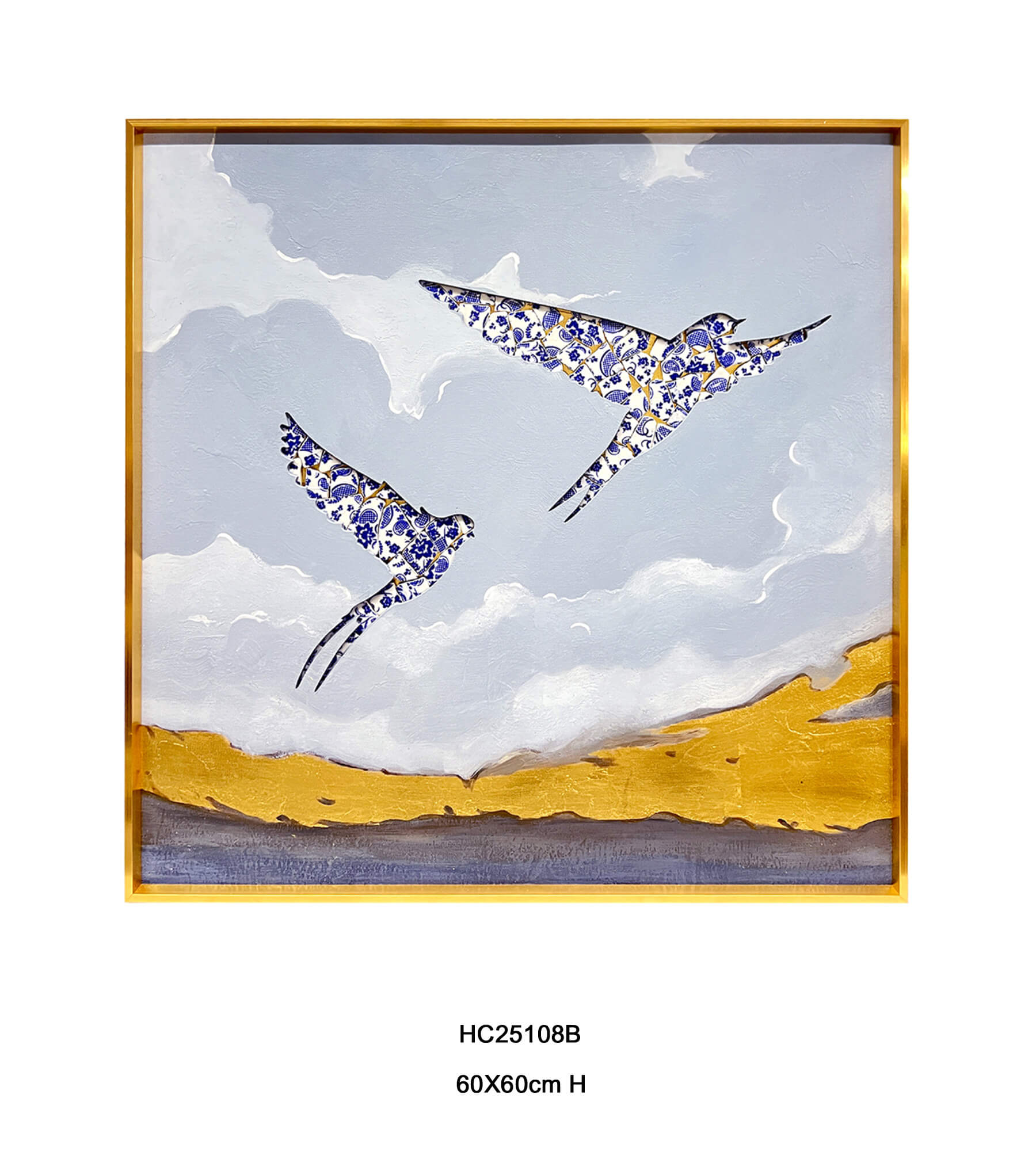 Framed Blue and White Shard Mosaic Swallow Porcelain Wall Art（60×60 cm）