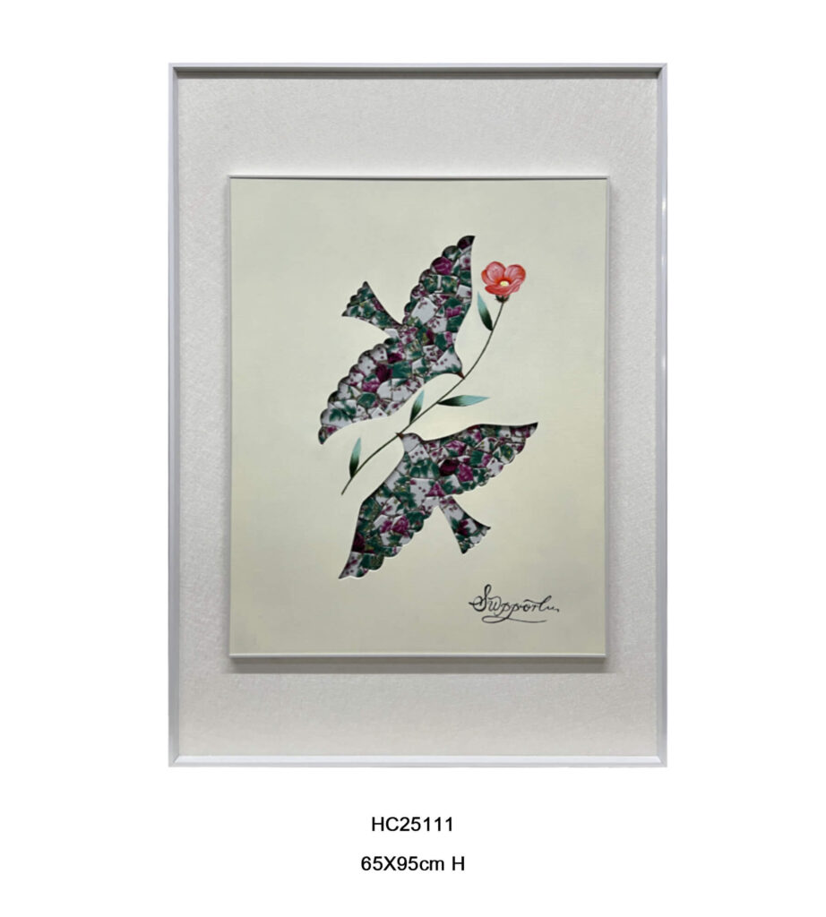 Porcelain shard mosaic swallow wall art with pink blossoms