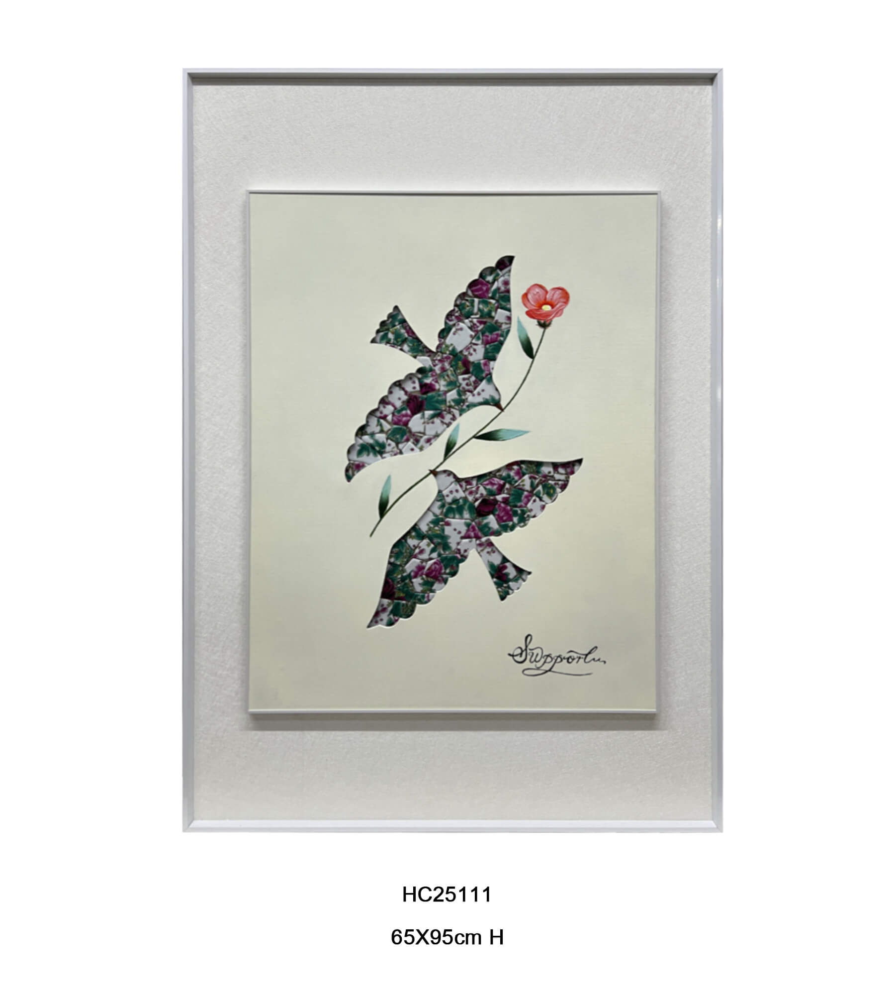 Porcelain shard mosaic swallow wall art with pink blossoms