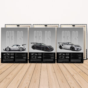 Porsche GT3 RS Canvas Wall Art Set with three technical car panels