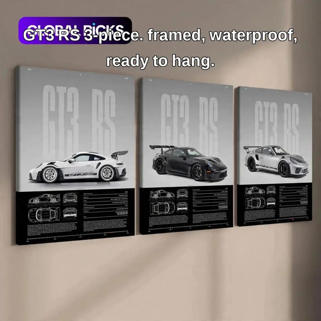 Ready to hang Porsche GT3 RS canvas panels displayed on a wall