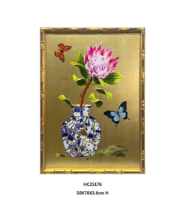 Gold-framed Protea porcelain shard wall art with butterflies