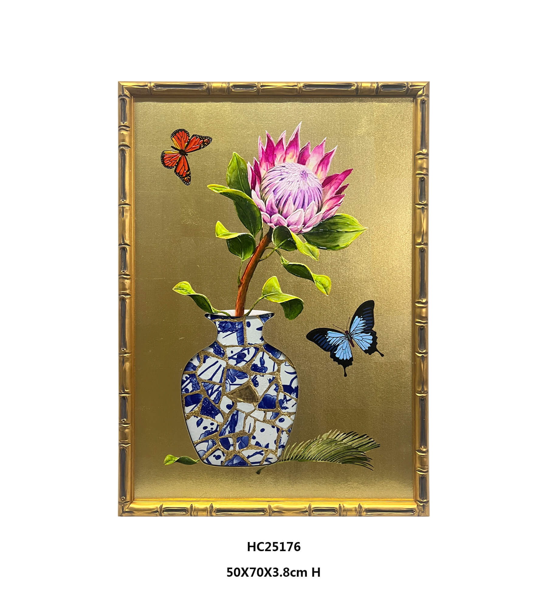 Custom Gold Framed Porcelain Shard Floral Wall Art with Bird of Paradise and Protea（50×70×3.8cm）