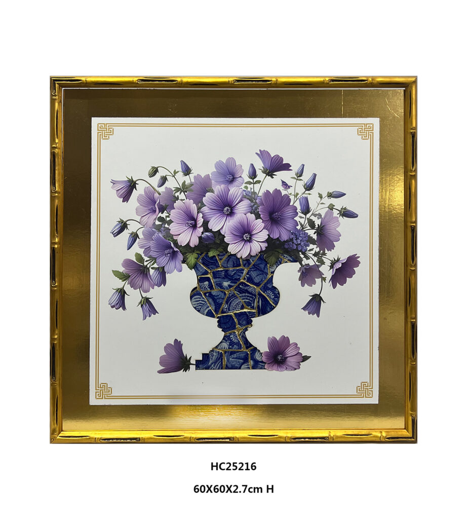 Gold framed purple floral porcelain shard vase wall art