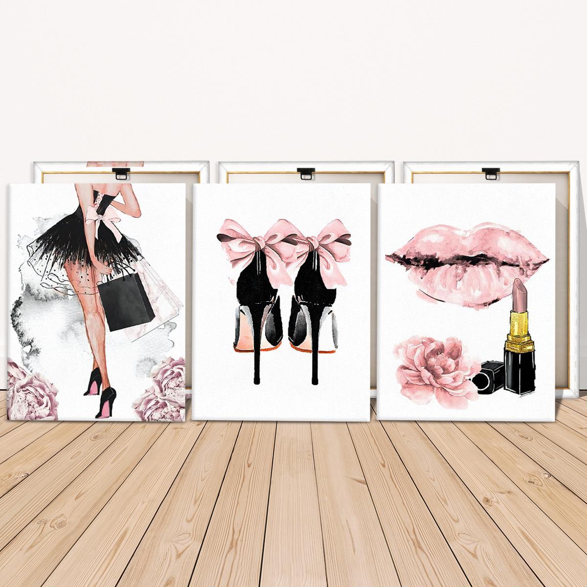 Ready to hang pink fashion canvas wall art set with wooden stretcher frames