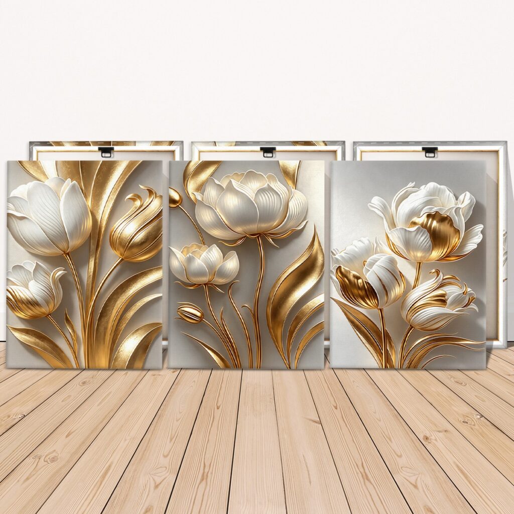 Ready-to-hang floral canvas panels with wooden stretcher frames and mounted hangers
