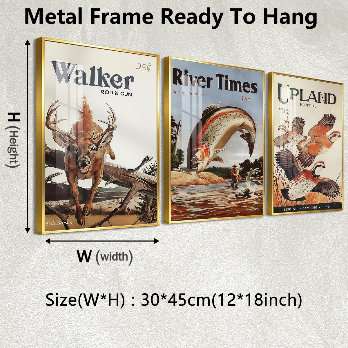 Metal framed hunting and fishing canvas wall art ready to hang