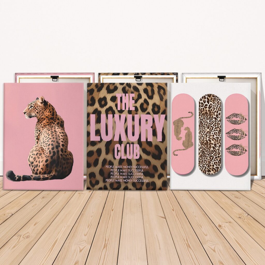 Ready to hang pink leopard canvas prints with stretched frames