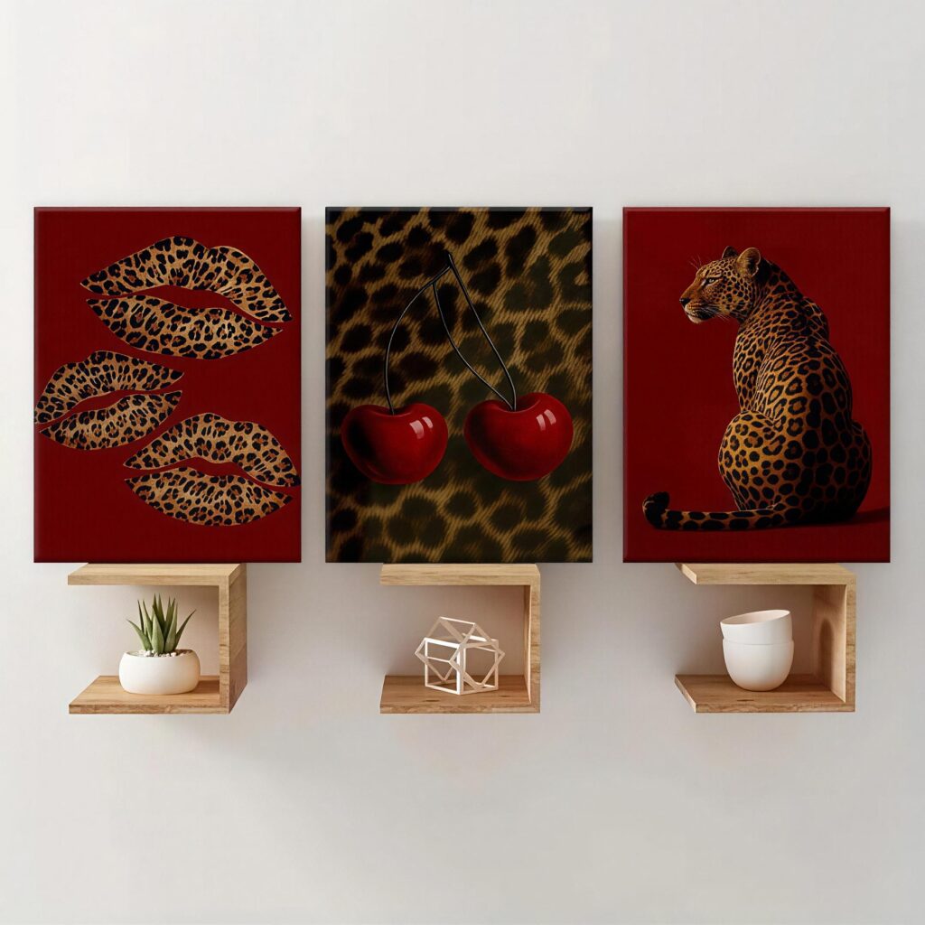 Red leopard canvas art set styled above modern wooden shelves