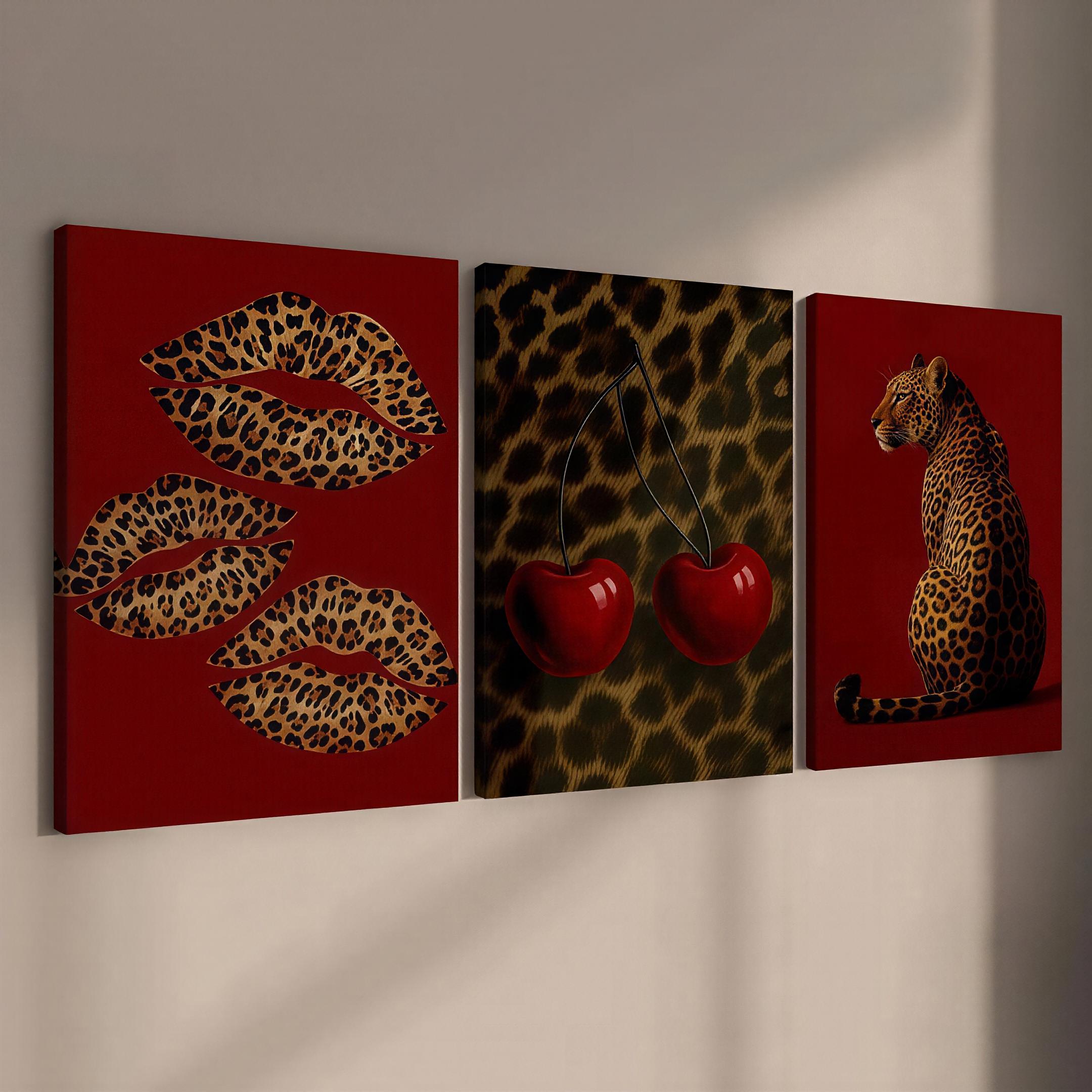 Red leopard canvas wall art set displayed on a neutral wall