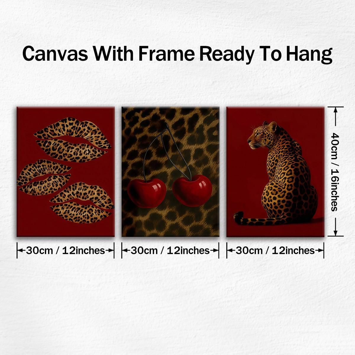 Three framed red leopard wall art panels measuring 12 by 16 inches