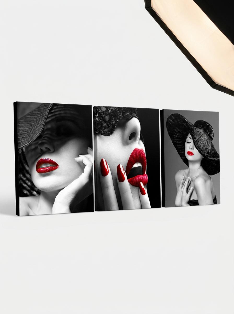 Red Lips Woman Triptych Canvas Wall Art for European Retailers