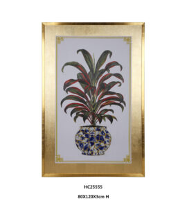 Red tropical plant wall art with blue and white mosaic vase