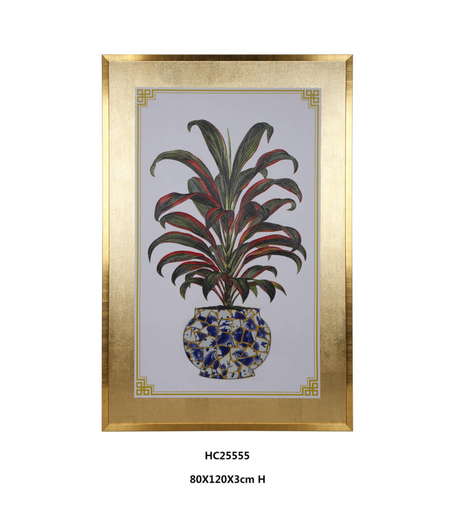Red tropical plant wall art with blue and white mosaic vase