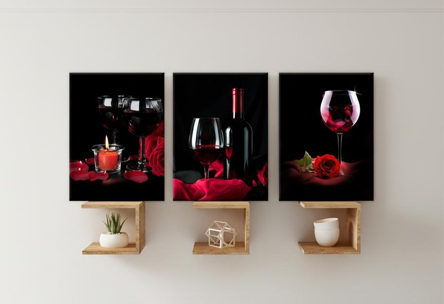 Moody Red Wine Canvas Wall Art Triptych for Elegant Dining Spaces