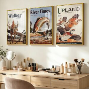 Retro hunting and fishing canvas wall art displayed above a wooden dresser