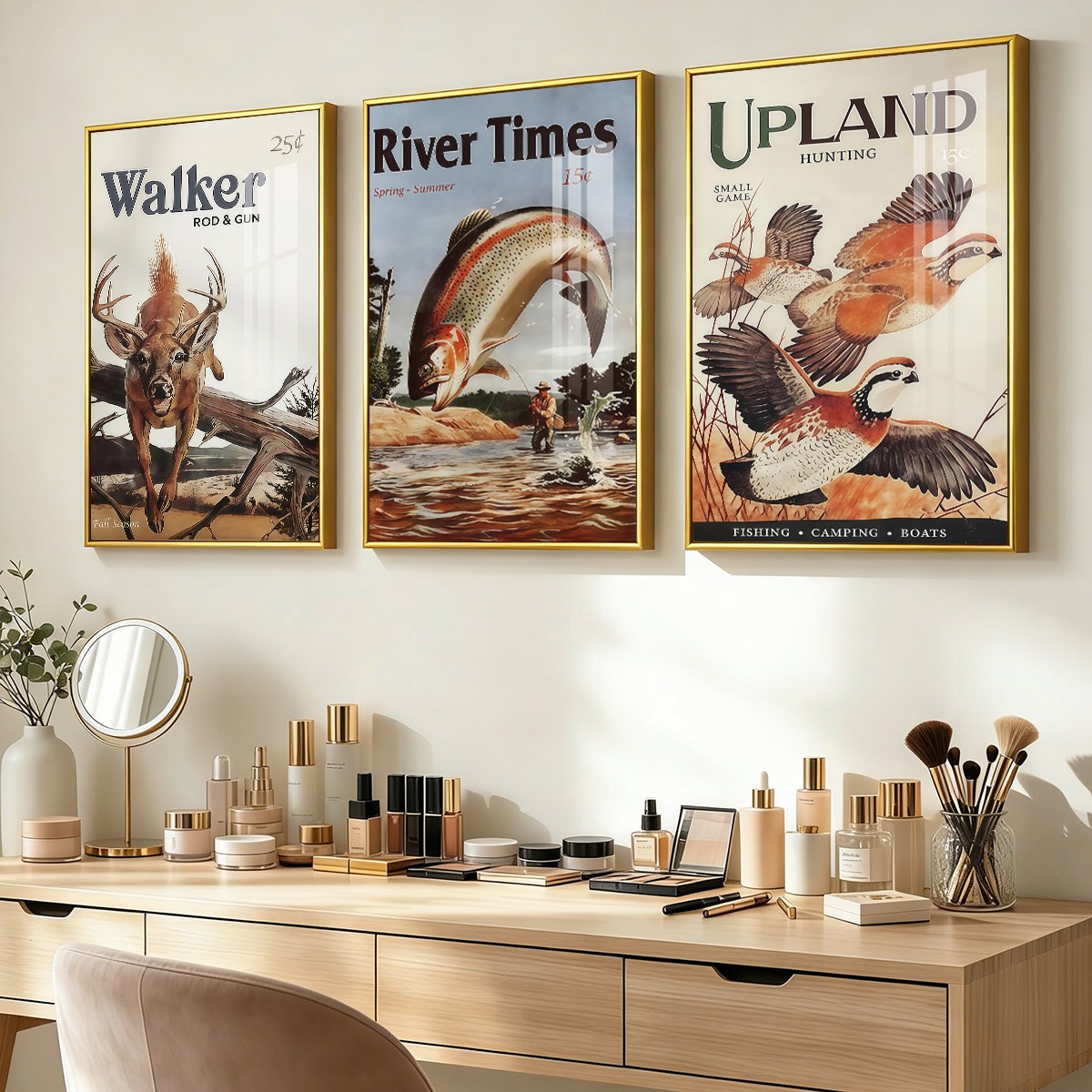 Classic Vintage Hunting and Fishing Canvas Wall Art Set with Outdoor Magazine Style(30×45cm)