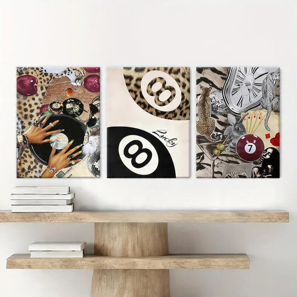 Retro Y2K leopard and lucky 8 ball wall art triptych