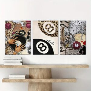Retro Y2K leopard and lucky 8 ball wall art triptych