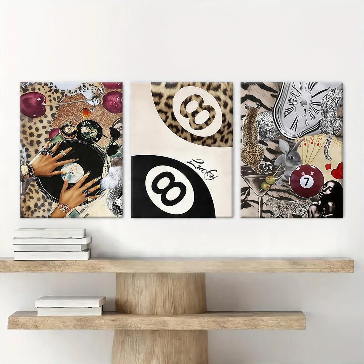 Retro Y2K Lucky 8 Ball Canvas Wall Art Set with Leopard Glam Collage(30×40cm)