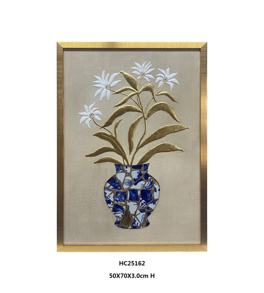 Round porcelain shard vase with white flowers and gold foliage