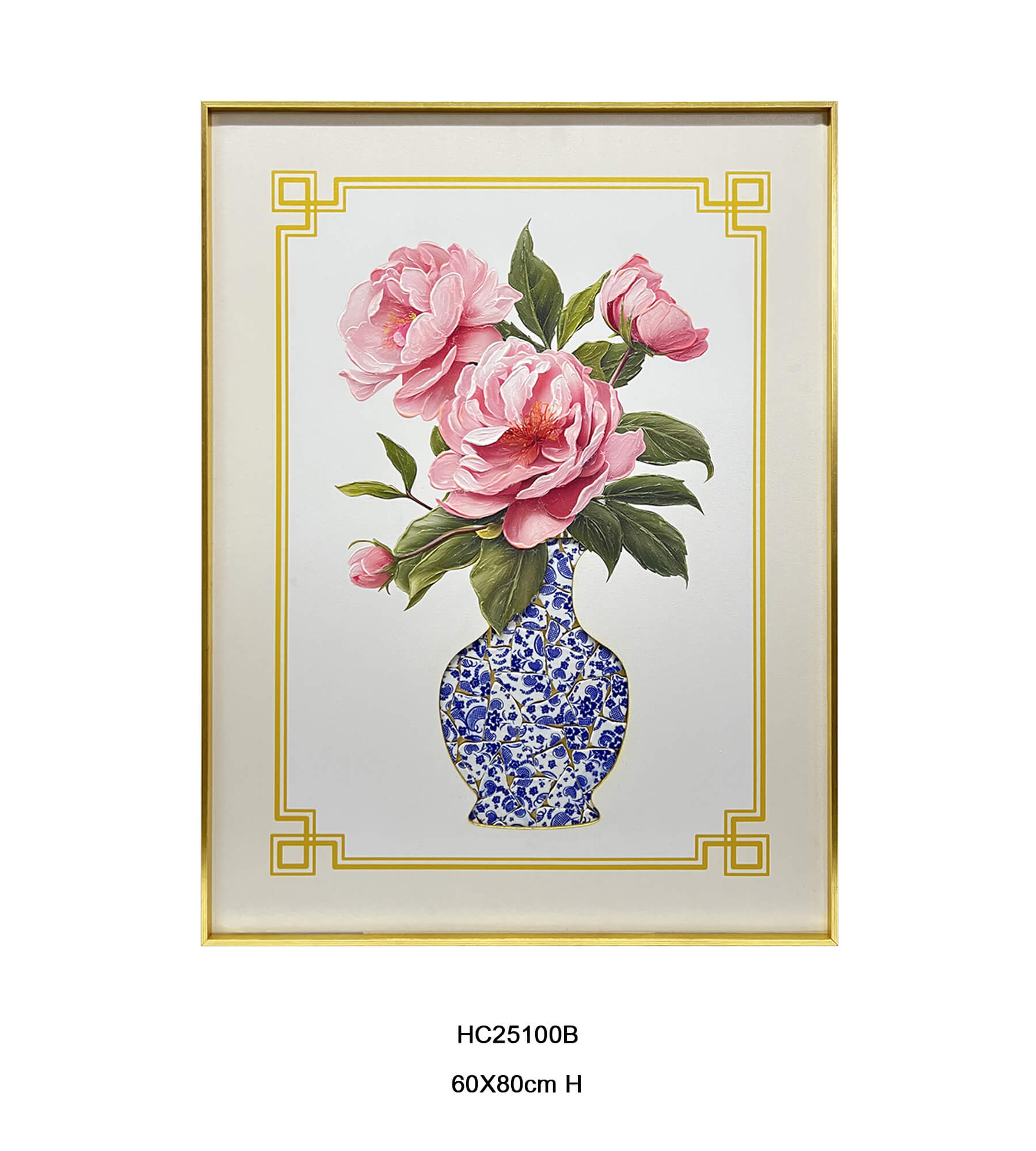 Pink peonies in a round blue and white porcelain shard vase
