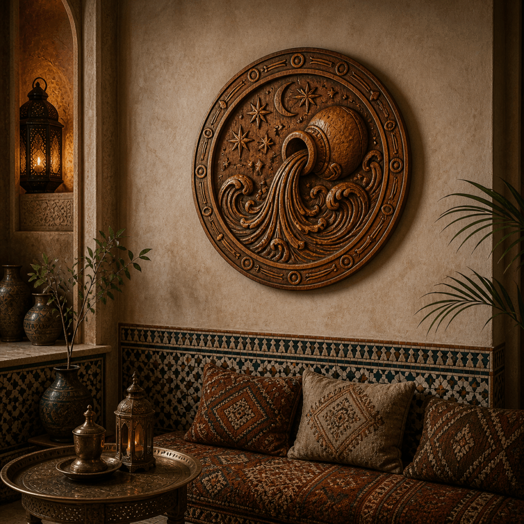 Aquarius zodiac wood carving hanging on a living room wall as rustic astrology home decor