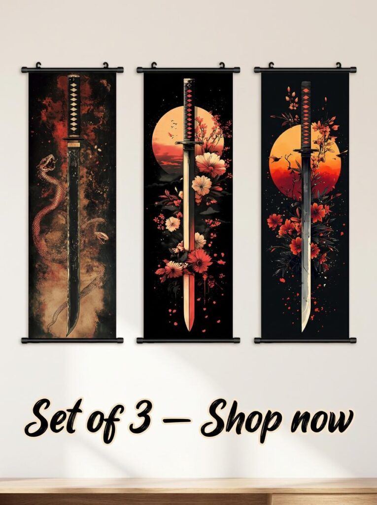 Set of 3 Japanese katana wall scrolls ready to hang