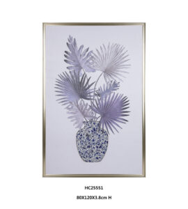 Silver Bismarck palm porcelain wall art with blue white vase
