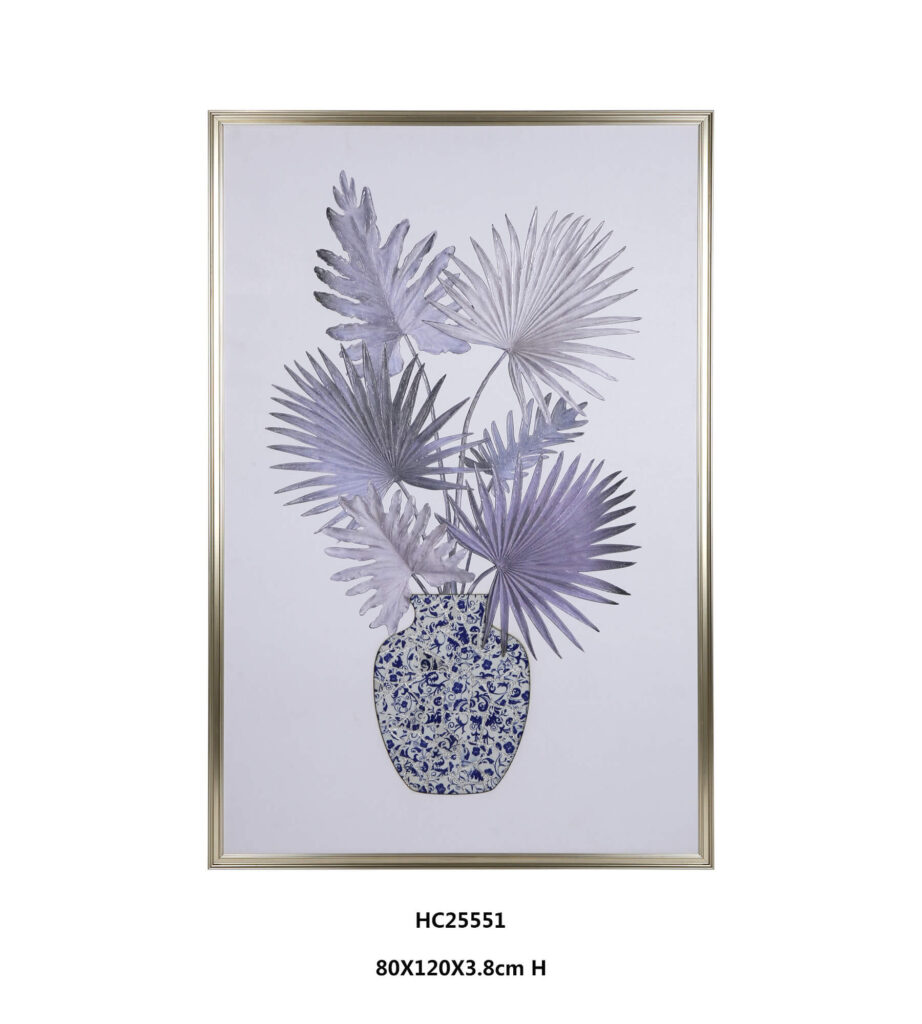 Silver Bismarck palm porcelain wall art with blue white vase