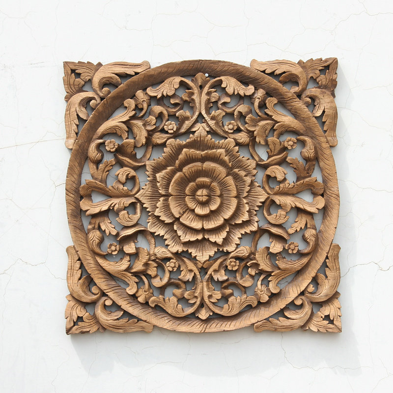 Square floral medallion carved wood wall art