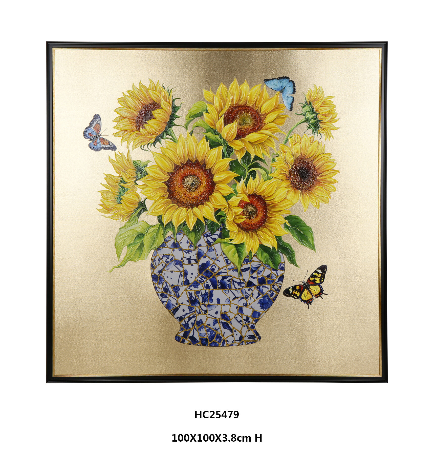 Sunflower Porcelain Wall Art with a Blue and White Mosaic Vase(100×100×3.8cm)