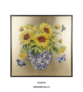Sunflower and butterfly porcelain wall art with mosaic vase